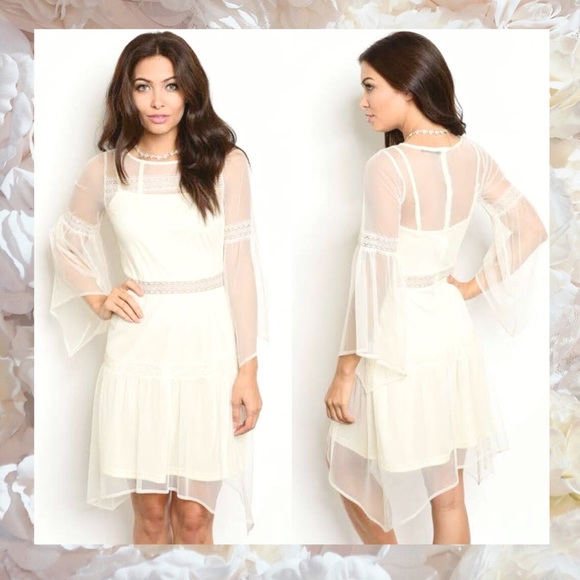 Chiffon Overlay Flowy Asymmetrical Wedding Dress - Picture 2 of 8